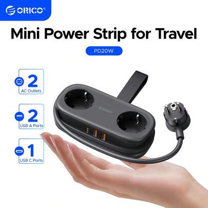 ORICO شريط طاقة سفر أوريكو مع 2 مخرج تيار متردد، 2 منفذ USB-A و 1 منفذ USB-C، مناسب للسفر/المنزل/السكن الجامعي/المكتب