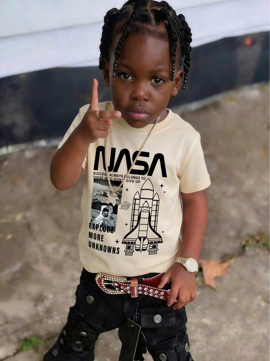 Young Boys Letter Graphic Print Round Neck Short Sleeve T-Shirt - Apricot - View 1