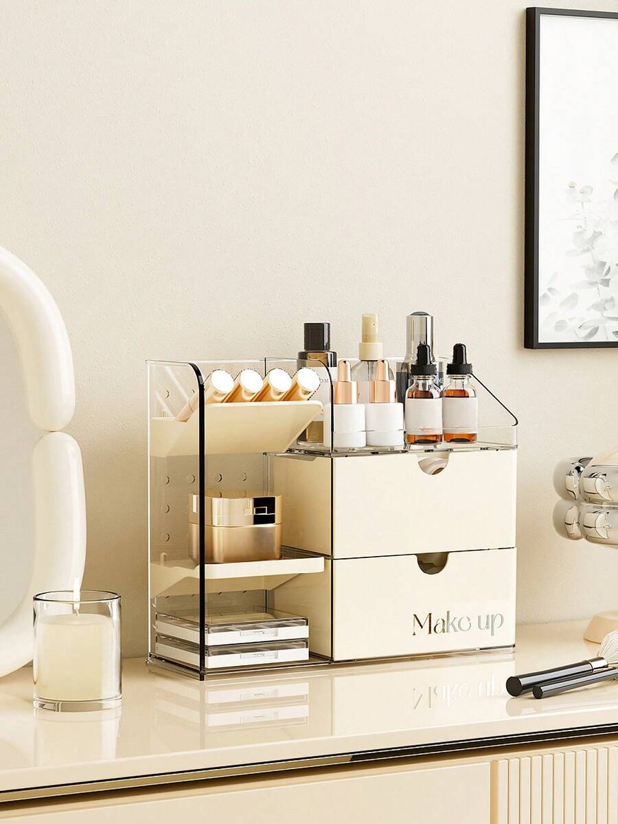 1 pieza Caja de almacenamiento transparente tipo cajón para borlas de maquillaje, almohadillas y perfumes, estante de exhibición de joyas y collares tipo tablero perforado - Multicolor - Ver 1