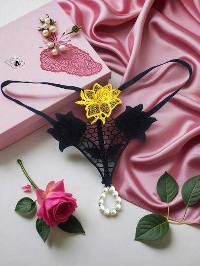 AB. Women's Sexy Lingerie Panties, Hollow Gold Rose Embroidered Luxury G-String, Fashionable Sexy Contrast Color Beaded Transparent Underwear