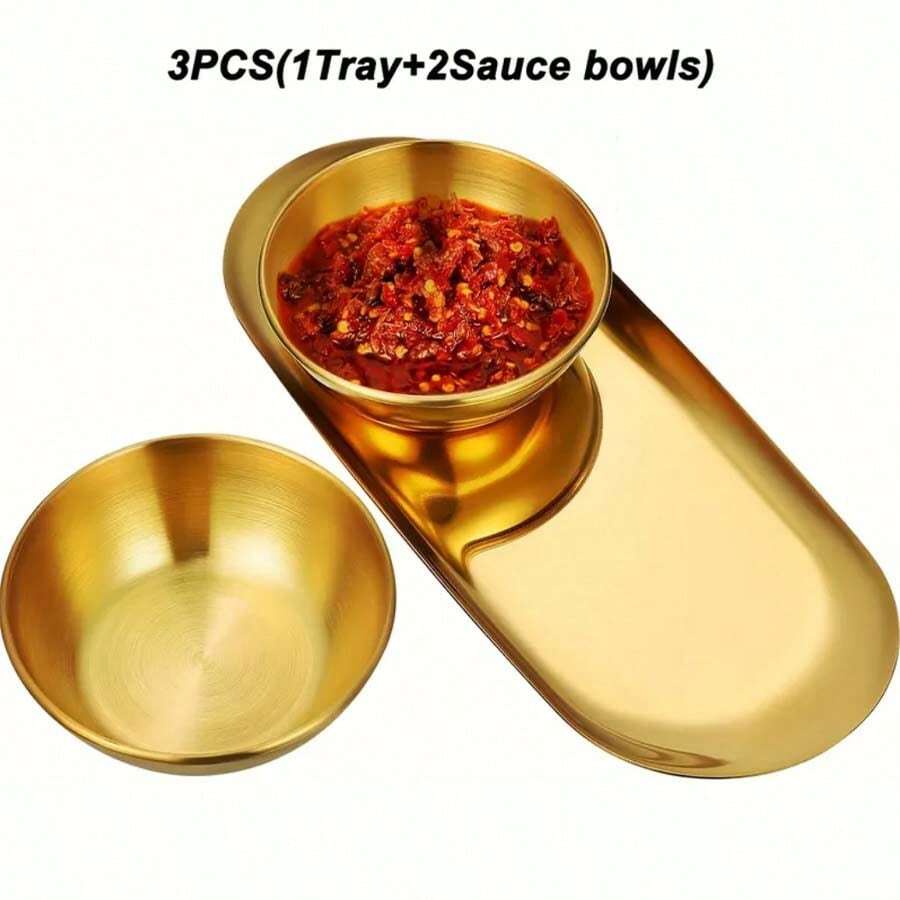 3/6件套豪华金色酱汁碗碟套装，高品质不锈钢调味碟和甜点盘，优雅餐具套装，适合圣诞节/新年/婚礼/派对等场合 - 彩色 - 查看 1
