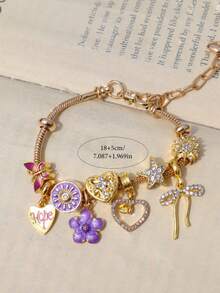 1pc Purple Sakura Sunflower Charm Bracelet, 1pc Heart HOPE Slogan Bow Bracelet, 1pc Starfish Butterfly Animal Bracelet, 1pc Heart Cross Bracelet - Gold - View 10