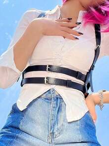 1件装女士哥特风交叉腰带，PU皮革时尚吊带腰带，适合节日、派对或日常穿着 - 黑色 - 查看 1