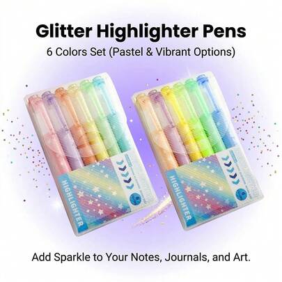 6 Colors Glitter Fluorescent Highlighter Pens, Colorful Neutral Pens For Journaling, Drawing, Note Taking, Highlighting
