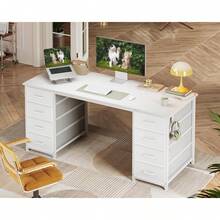 Computer Desk With Drawers, 140x48cm Modern Office Desk With Storage, Small Study Table Home Office, White - White - View 10