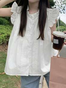 格子荷叶边无袖宽松衬衫，夏季 - 白色 - 查看 5