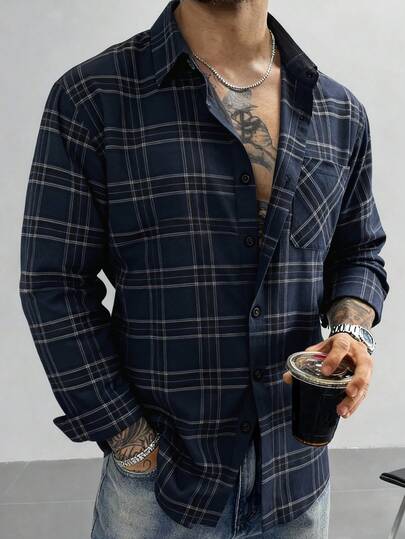 Camisa de manga larga con cuello a cuadros de estilo retro casual para hombres, de tela tejida suave y agradable para la piel, adecuada para exteriores, ir al trabajo, una prenda esencial de estilo retro versátil para hombres