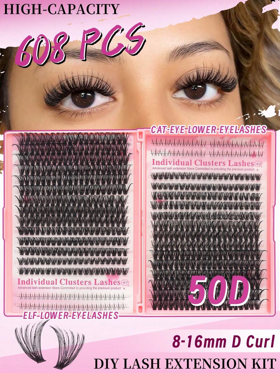 608片D型卷翘睫毛簇DIY嫁接套装，50片6-16mm混合漫画动漫带尖刺睫毛及下睫毛，全套含睫毛教程，轻盈猫眼仙女睫毛，适合初学者，下睫毛，漫画睫毛，簇状睫毛，轻盈睫毛，平价睫毛簇，仙女睫毛，浓密睫毛，带尖刺睫毛，蓬松睫毛簇
