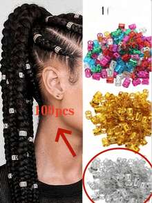 100pcs/50pcs Colorful Dreadlock Hair Rings Hair Extension Buckles DIY Jewelry Accessories Metal Hip Hop Punk Hair Accessories, Claw Clips,Summer,Holiday,Travel, Head Accessories - Multicolor - View 4