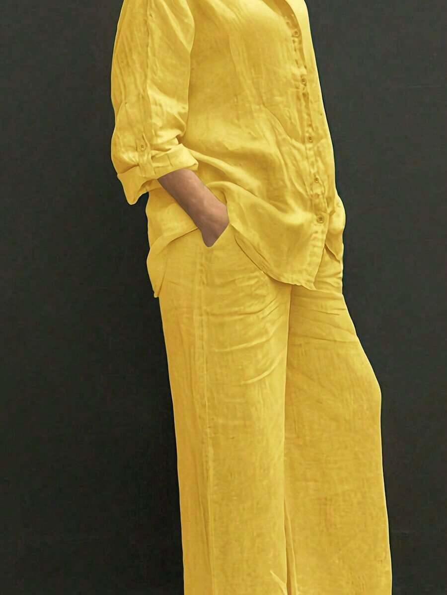 Lightweight Collar Casual Cardigan, Versatile Solid Color Elegant Blouse Top Suitable Beach, Daily, Commuting, Work, Shopping, Soft Fabric, Elastic Waist Loose Pants, 2-Piece Set, Spring/Summer/Autumn - Màu vàng - Xem 1