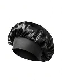 1pc Silk Satin Hair Sleep Cap, Wide Brim High Elastic, Curly Hair Care Bonnet, Black & Gold, Smooth Hair Protection - Hot Pink - View 10