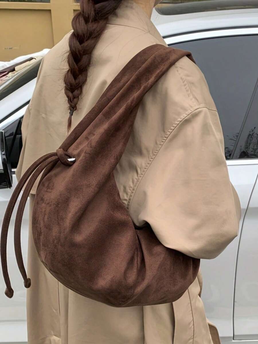 女士麂皮新月形单肩包 | 柔软抽绳肩包 | 简约休闲手提包 - 彩色 - 查看 1