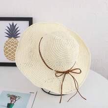 女士大檐遮阳帽，清新韩风草帽，多功能沙滩旅行防晒帽 - 鹿皮絨帶平針草帽 - 查看 14