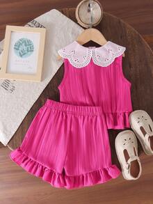 2pcs/Set Young Girl' Cute Peter Pan Collar Vest And Ruffle Hem Shorts Set, Summer - Hot Pink - View 2