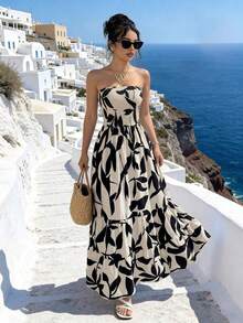 女士度假植物印花露背休闲波西米亚风连衣裙 - 彩色 - 查看 1