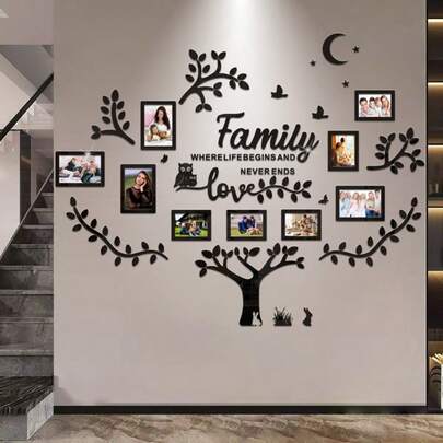 可爱兔子猫头鹰亚克力相框树，自粘式设计，按模板制作，可作为家谱树记录美好生活，家居装饰，适用于客厅、卧室、书房、玄关、沙发背景墙等墙面装饰。