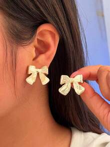 12 pezzi Set di orecchini a fiocco in oro massiccio spesso, orecchini a fiocco intagliati a vuoto, accessori di gioielleria di lusso per donne, adatti per vari outfit - Dorato - Visualizzare 6
