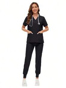 Scrubs Women Nursing Beauty SPA Scrubs Pet Clinic Store Veterinary Dentistry Work Clothes Set High-Quality Nurse Scrub Spring Black - trắng - Xem 12
