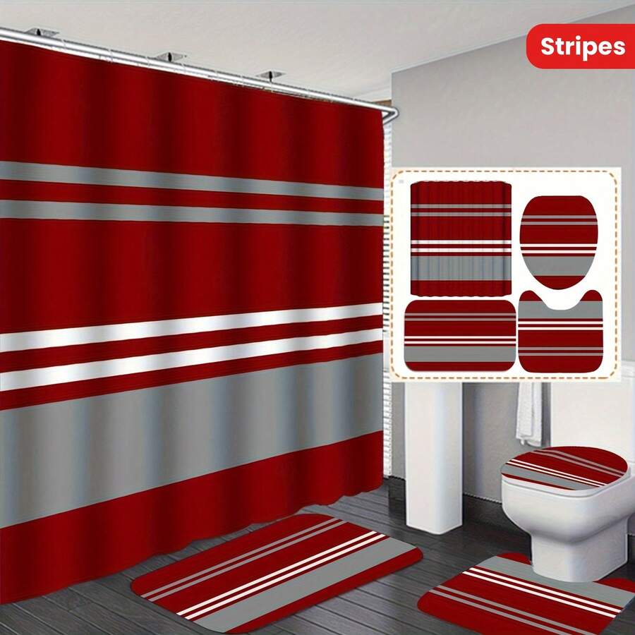 4pcs Minimalist Striped Shower Curtain Set - Includes Fabric Shower Curtain, Bath Mat, U-Shaped Mat, Toilet Lid Cover, European Minimalist Red & Gray Stripes