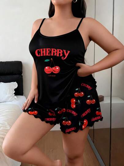 Plus Size Women's Sleepwear Set, Cherry Letter Print Camisole And Shorts, Loose And Comfortable, Summer Pajamas