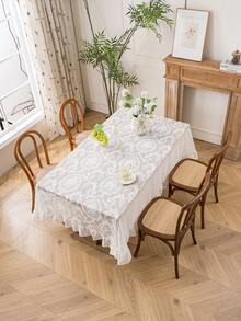 1pc Elegant French Floral Lace Trim Tablecloth, Fresh Decor For Dining Table, Holiday - White - View 4