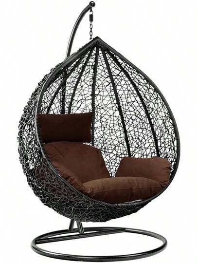 Rattan Swing Chair Hanging Garden Hammock With Cushions & Stand Outdoor Indoor Furniture (Brown Chair & White Cushion)