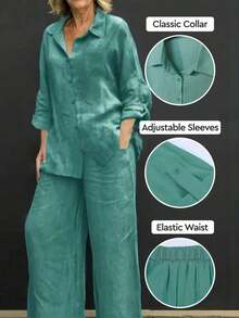Lightweight Collar Casual Cardigan, Versatile Solid Color Elegant Blouse Top Suitable Beach, Daily, Commuting, Work, Shopping, Soft Fabric, Elastic Waist Loose Pants, 2-Piece Set, Spring/Summer/Autumn - Cadet Blue - View 2