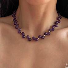 1pc Elegant Purple Crystal Necklace: Handmade Woven Purple Crystal Necklace, Purple Gemstone Necklace, February Birthstone, Refined Daily Necklace - Purple - View 4