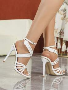 女士时尚高跟鞋，金属PU皮革，裸带，细带，交叉带，夜店风，派对，后跟带，露趾，露跟，经典方头凉鞋，夏季，户外，常规款，女士金色凉鞋，高跟凉鞋，镀金鞋跟，细跟，金属风，性感，百搭 - 白色 - 查看 5