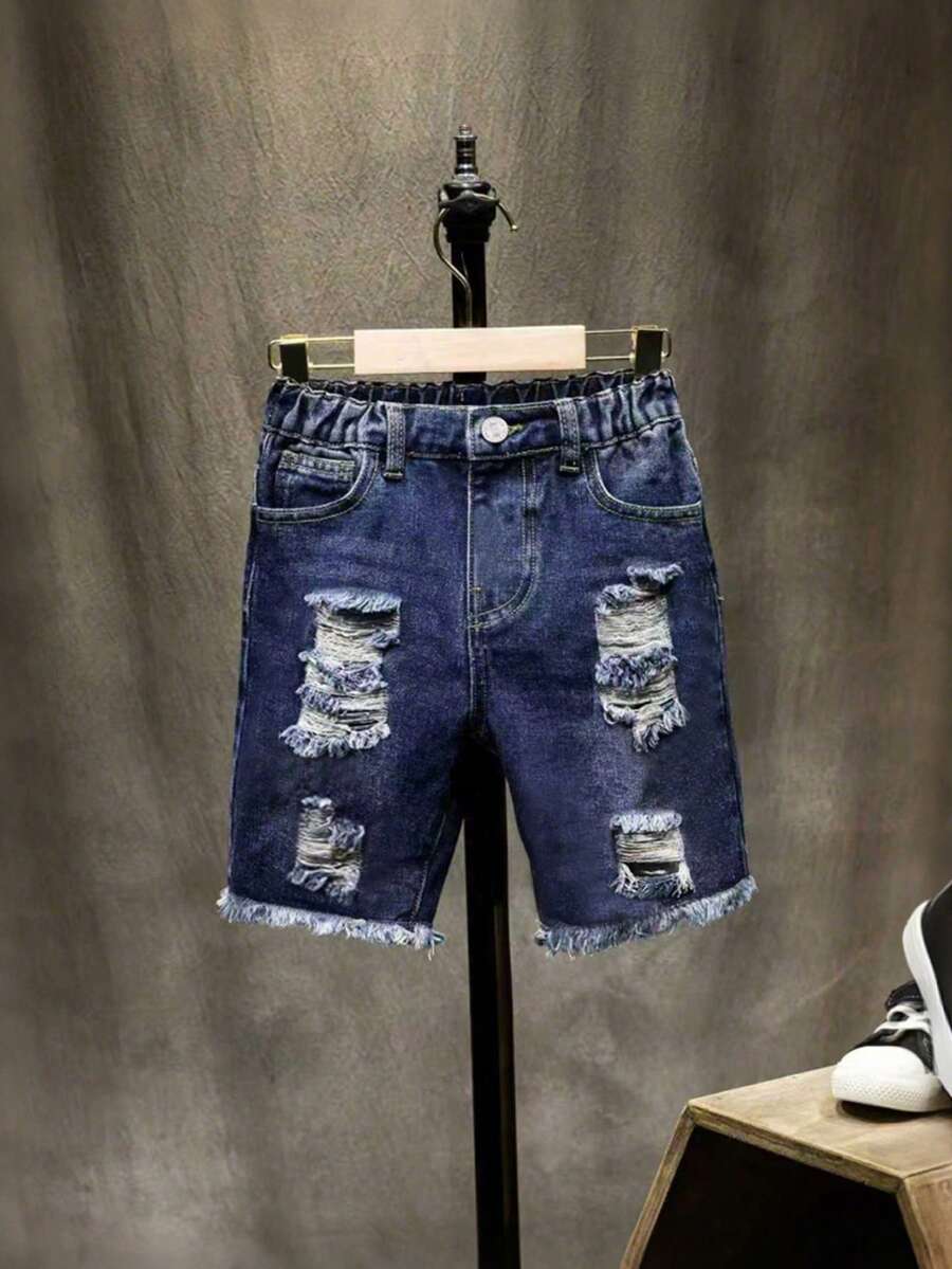 男童做旧时尚牛仔短裤，夏季假期 - 藍色 - 查看 1