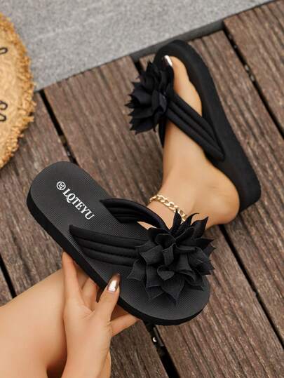 Floral Wedge Flip Flops For Women, Summer Rose Red Platform Thong Sandals, Beach Holiday Outdoor Slippers, 3D Fabric Floral Decor Soft & Romantic, Heightening Slimming Non-Slip Sole Suitable For Beach, Shopping, Vacation