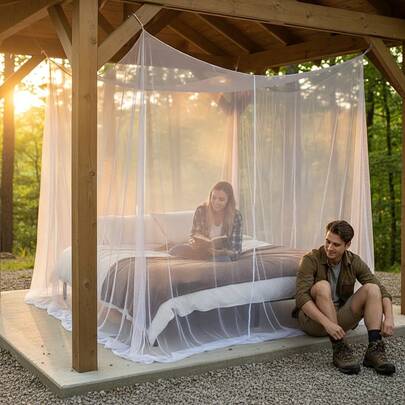 1件装大型露营蚊帐，采用15目细密纱网，现代风格便携式防虫罩，白色涤纶网面，方形顶篷设计，易于安装，室内外均可使用，双门设计方便进出，透气网面确保最大程度的空气流通，非常适合双人床。