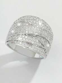 1 pieza Anillo de lujo de moda casual de alta gama con línea ancha cruzada y multicapa de circonita cúbica, adecuado para fiestas, uso diario y como regalo - Líneas anchas que se cruzan - Ver 1