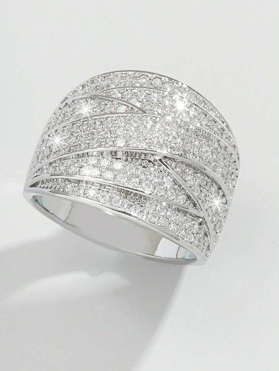 1 pieza Anillo de lujo de moda casual de alta gama con línea ancha cruzada y multicapa de circonita cúbica, adecuado para fiestas, uso diario y como regalo - Líneas anchas que se cruzan - Ver 1