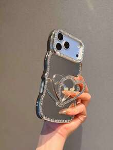 Fully Rhinestoned Wavy Electroplated Shell DIY Heart-Shaped Mirror Shockproof Phone Case, Suitable As Holiday Gift, Compatible With IPhone 17 Pro Max, 15, 16 Pro/Pro Max, 14, 15, 17, Unisex - Multicolor - View 2