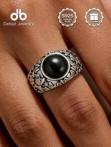 S925 Sterling Silver Black Agate Ring, Vintage Bat Carving Gothic Style Unisex Accessory, Faith Jewelry, Gothic Unisex Daily Wear Jewelry, Unisex Design, Comes With Gift Box - Black Agate Bat Ring - View 8