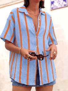 Women's Color Block Striped Loose Blouse Short Sleeve, Elegant Cardigan Top, Suitable For Commute, Fashion, Daily Wear, Dates, Outings, Spring/Summer - Blue Coffee - View 5