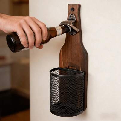 Wall-Mounted Wooden Beer Bottle Opener With Mesh Bag, Painless Bottle Opener - Essential Beer Accessory For Home Bar, Kitchen, Garden And Outdoor, Perfect Gift For Beer Lovers