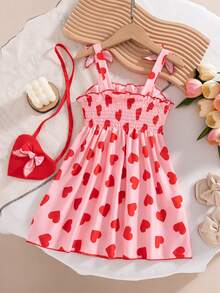 Girls' Casual Outing Fashion Heart Print Decor Bow Tie Sleeveless Knee-Length Dress, Summer - Pink - View 2
