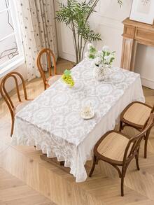 1pc Elegant French Floral Lace Trim Tablecloth, Fresh Decor For Dining Table, Holiday - White - View 11