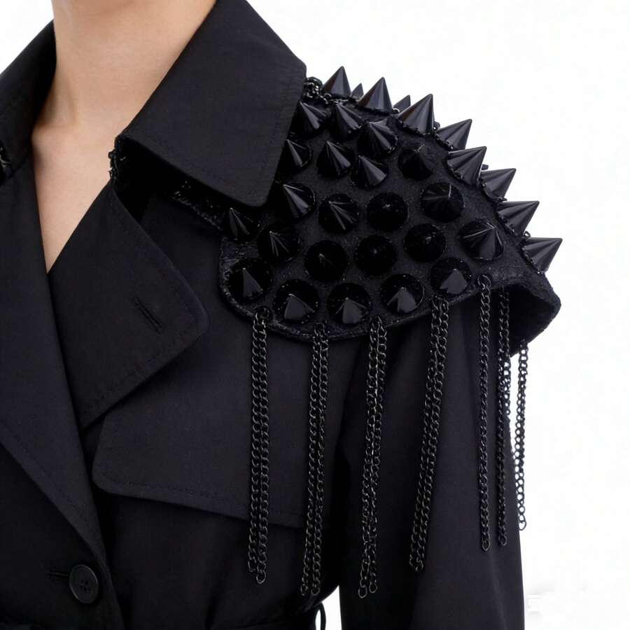 1件女士铆钉流苏肩章胸针 - 黑色 - 查看 1