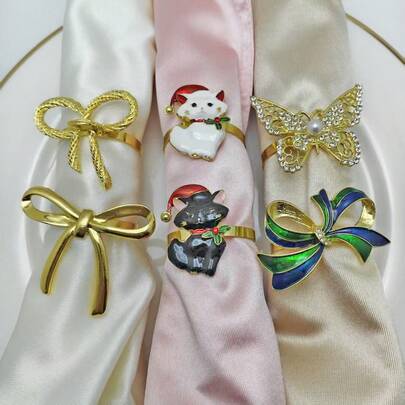 6个酒店样品客房装饰餐巾环，猫咪和蝴蝶图案餐巾环，酒店桌面餐巾环