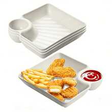 4pcs Durable Plate Set - White Rectangular Compartment Snack Plates Suitable For Fries, Sushi And Appetizers, Great For Charcuterie And Party Platters | Platter Design, Dumpling Plate With Vinegar Dish, Divided Plate, Tableware, Square Dumpling Plate, Tray - White - View 5