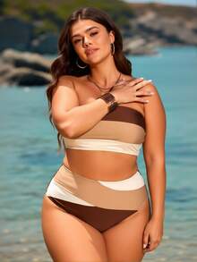 Vintage Neutral Tone 2 Piece Swimwear, Striped Bandeau & High Waist Bottom - Nhiều màu - Xem 4