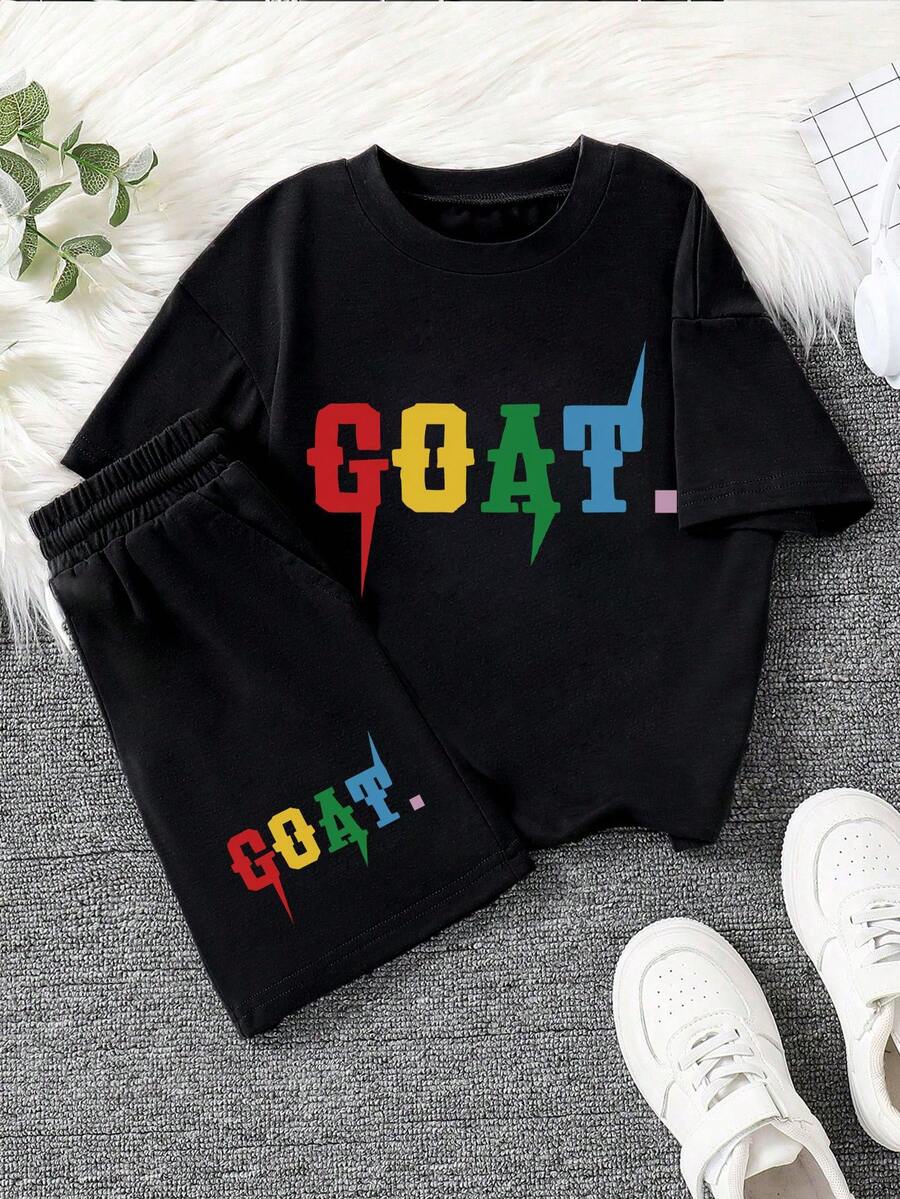 Ensemble short et t-shirt manches courtes pour garçons, couleur noire résistante, t-shirt imprimé de lettres colorées et cool, tissu doux et confortable, pour l'été - Noir - Voir 1