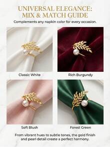 Luxurious Golden Leaf And Pearl Napkin Rings - Set Of 6, Exquisite Laurel Wreath Design Napkin Holders For Weddings, Holidays, & Fine Dining Table Settings - White Pearl - View 1