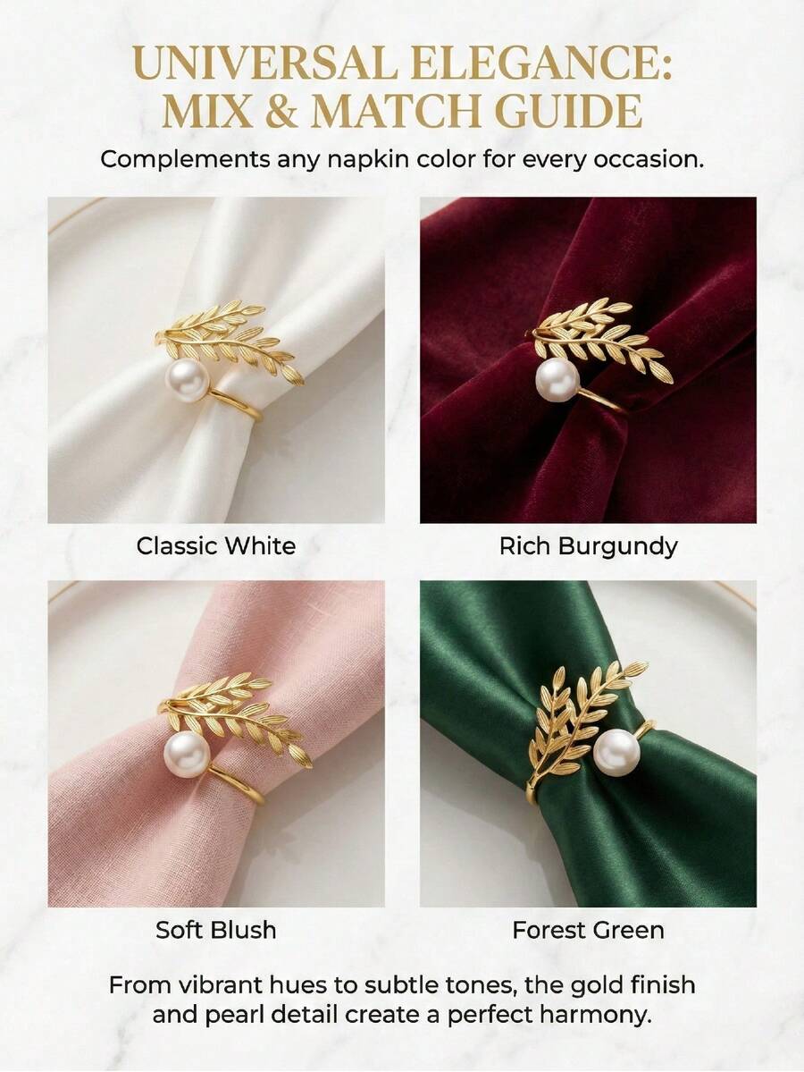 Luxurious Golden Leaf And Pearl Napkin Rings - Set Of 6, Exquisite Laurel Wreath Design Napkin Holders For Weddings, Holidays, & Fine Dining Table Settings - White Pearl - View 1