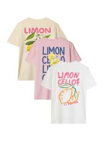 3件套女士休闲彩色字母柠檬“LIMON CELLO”印花圆领短袖T恤套装，时尚百搭，适合女士日常上衣、假日休闲、春夏季节穿着。 - 彩色 - 查看 3
