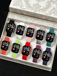 10pcs Heart-Shaped Digital Display LED Light-Up Sports Wristbands, Unisex Electronic Watch For Girls And Boys, Astronaut Cartoon Pattern, Suitable For Daily Wear, Sports Running, School Silent - Multicolor - View 3
