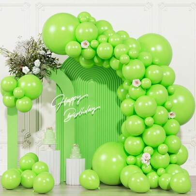 Bộ 104 quả bóng bay màu xanh lá chanh với nhiều kích cỡ khác nhau - Vòng cung bóng bay màu xanh neon sáng 18/12/10/5 inch dùng để trang trí tiệc mừng em bé sắp chào đời, tiệc tiết lộ giới tính, Giáng sinh, tiệc sinh nhật chủ đề khủng long và rừng rậm.